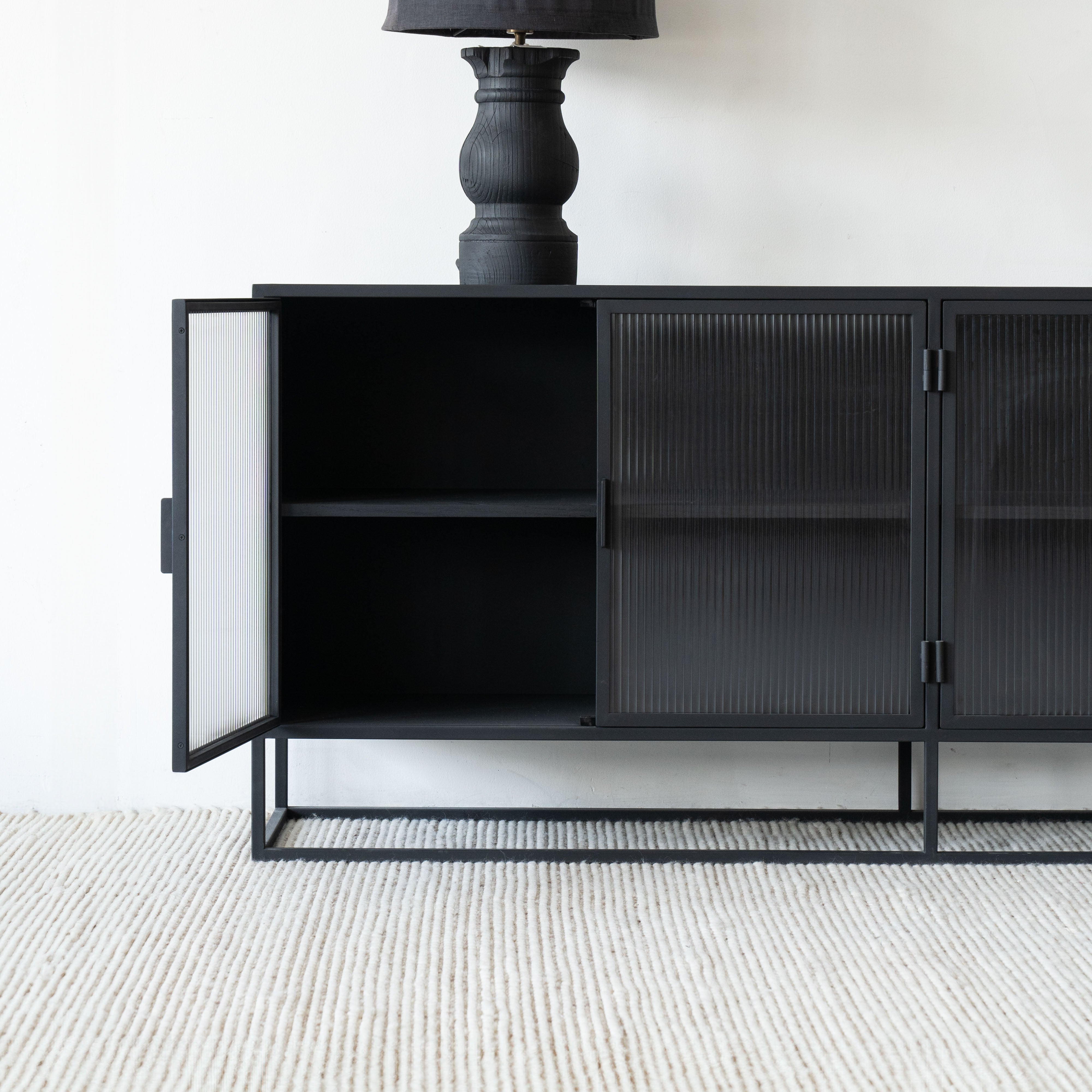 Monochrome Glass Sideboard - Wood and Steel Furnitures