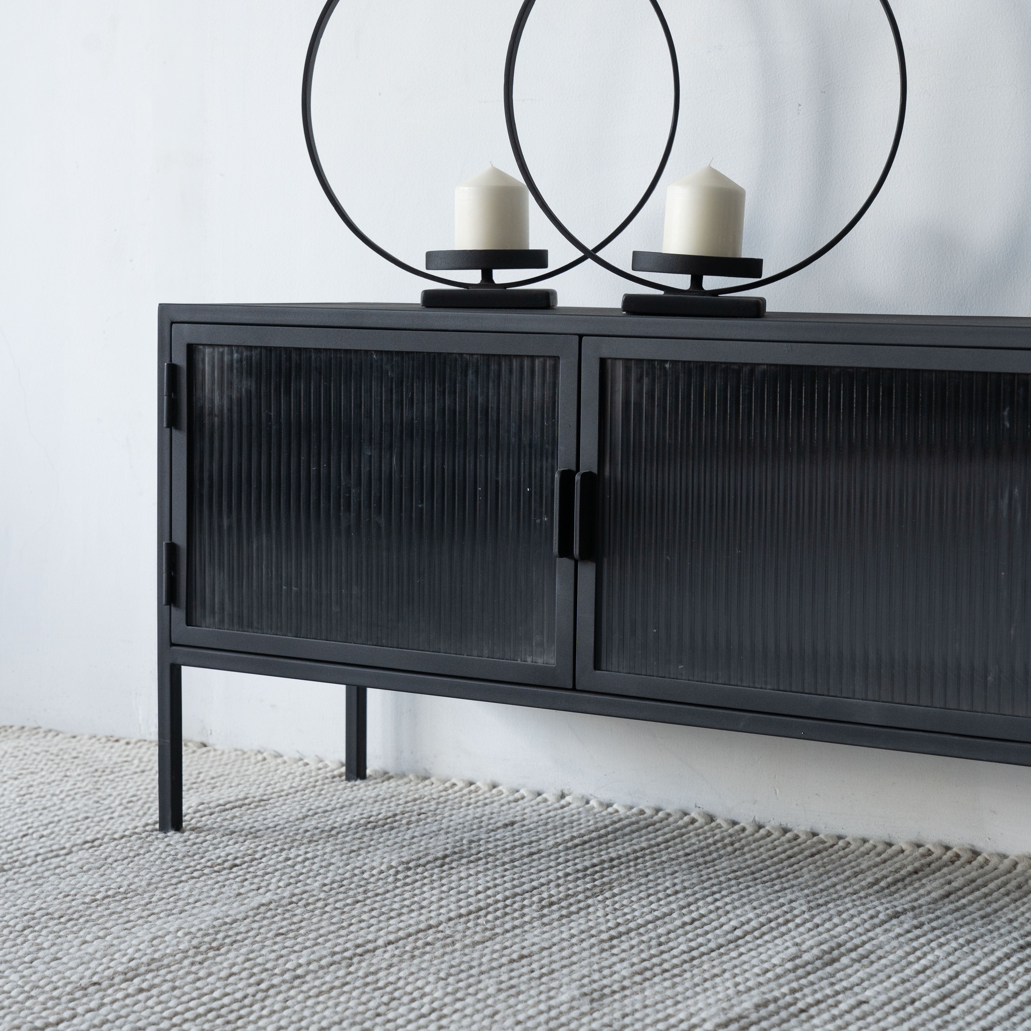 Monochrome Glass TV Unit - Wood and Steel Furnitures